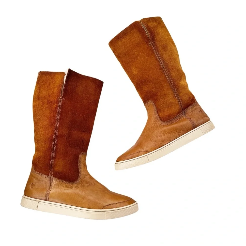 Frye Gemma Tall Shearling Boots Suede and Leather Cognac Size 8.5